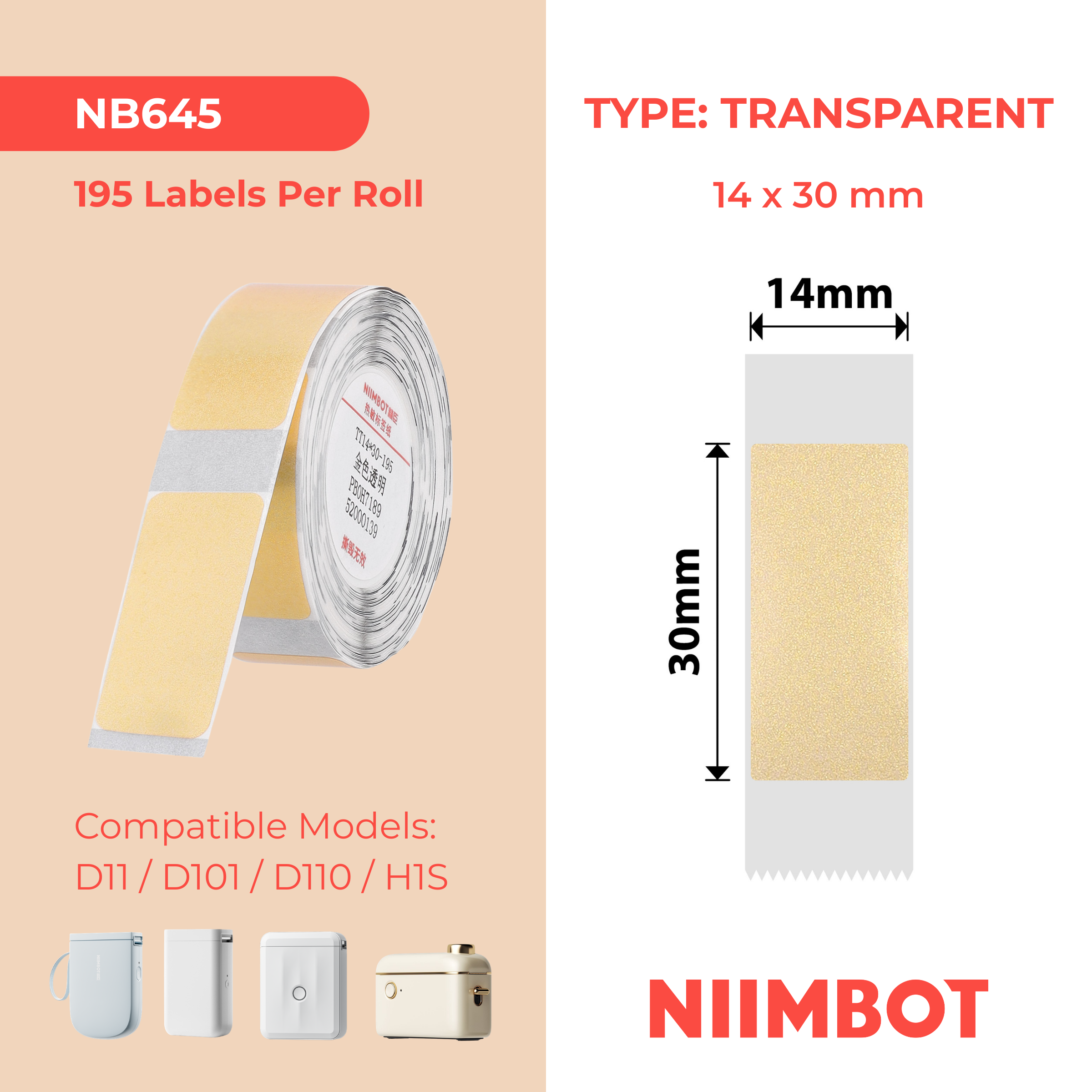 NB645 - NIIMBOT - D11 / D101 / D110 / H1S - TT14X30MM - 195 ÉTIQUETTES PAR ROULEAU - TRANSPARENT OR - RECTANGULAIRE