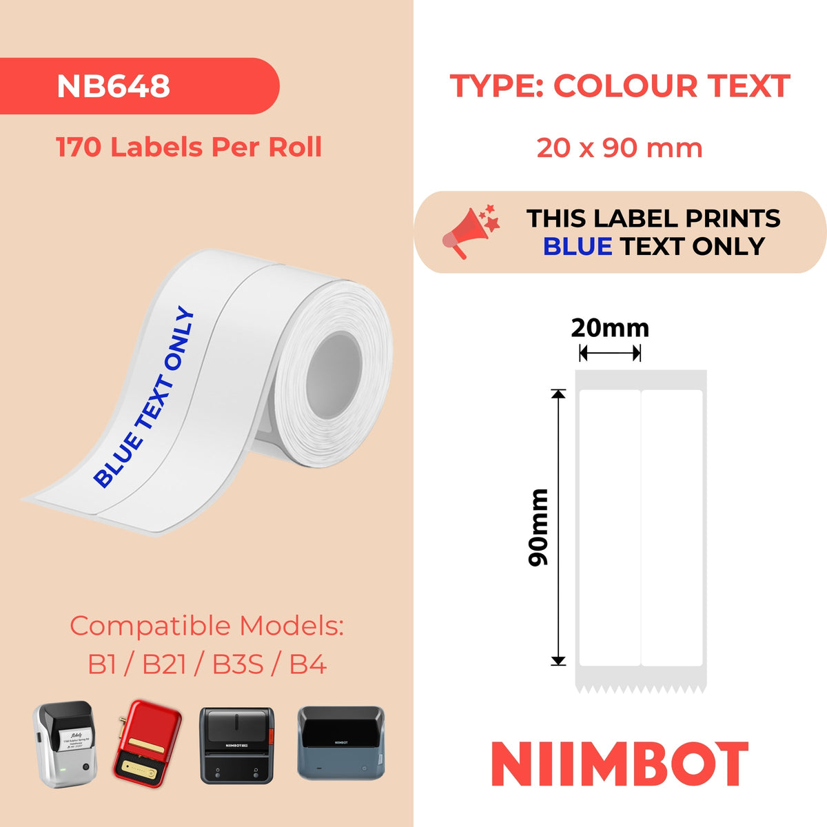 NB648 - NIIMBOT - B1 / B21 / B3S / B4 - T20X90/2L - 170 ETICHETTE PER ROTOLO - BIANCO - SOLO TESTO BLU - RETTANGOLO