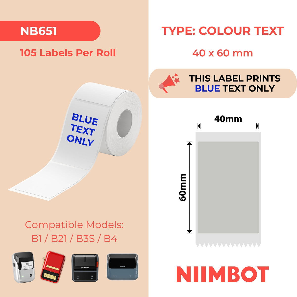 NB651 - NIIMBOT - B1 / B21 / B3S / B4 - T40X60 - 105 ÉTIQUETTES PAR ROULEAU - GRIS ARGENTÉ - TEXTE BLEU UNIQUEMENT - RECTANGULAIRE