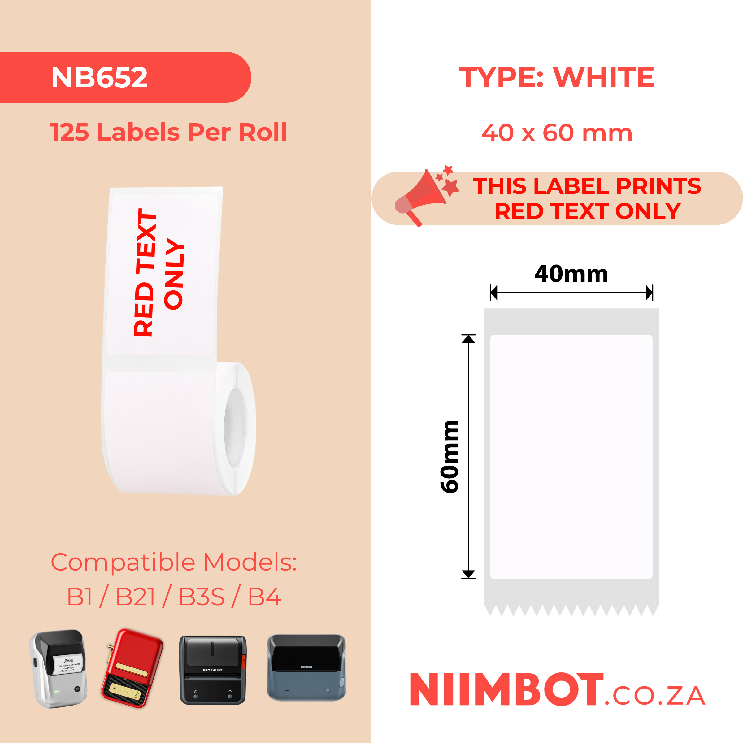 NB652 - NIIMBOT - B1 / B21 / B3S / B4 - T40X60 - 125 ETICHETTE PER ROTOLO - BIANCO - SOLO TESTO ROSSO - RETTANGOLO
