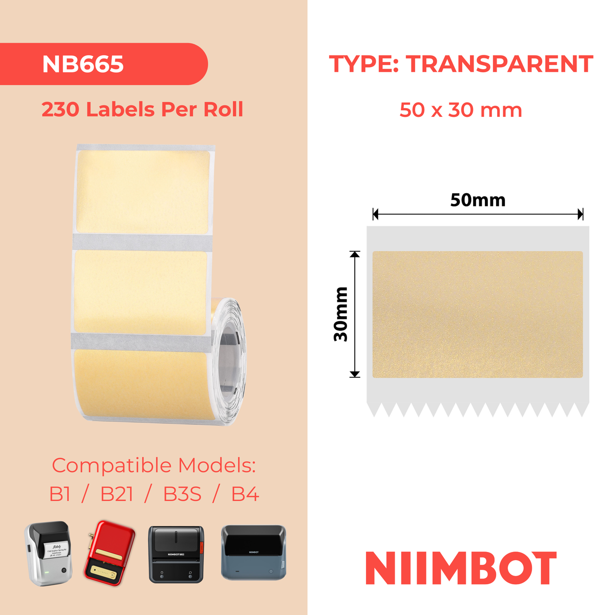 NIIMBOT - B Range - 50x30mm - Gold Transparent - 230 Labels