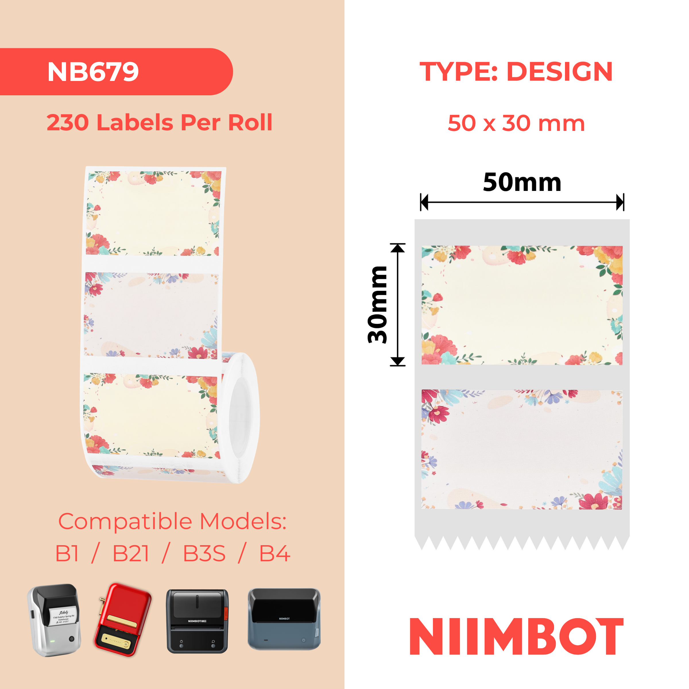 NB679 - NIIMBOT - B1 / B21 / B3S / B4 - 50X30MM - 230 SUNNY BLOSSOMS LABELS