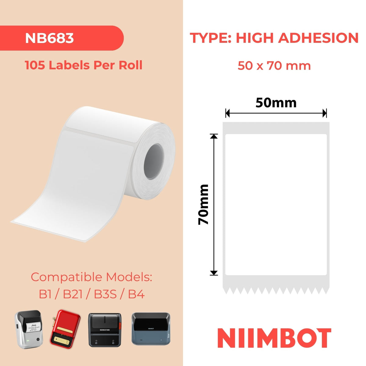 NB683 - NIIMBOT - B1 / B21 / B3S / B4 - T50X70 - 105 ETICHETTE - ADESIVO BIANCO FORTE