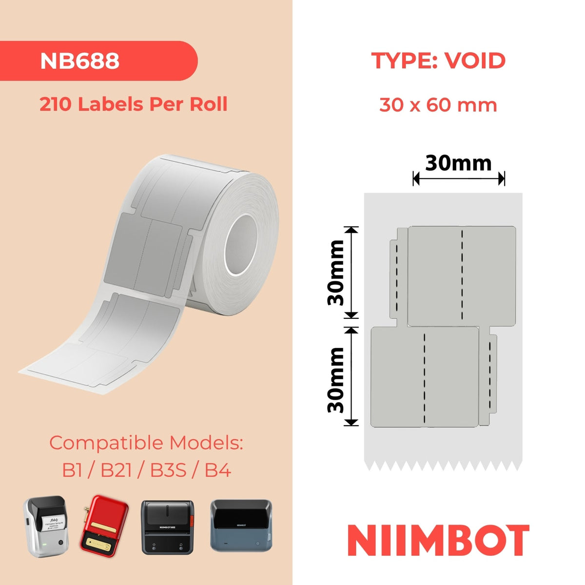 NB688 - NIIMBOT - B1 / B21 / B3S / B4 - T30X30+30/2L - 210 ÉTIQUETTES - BIJOUX DOUBLE RANGÉE GRIS ARGENTÉ