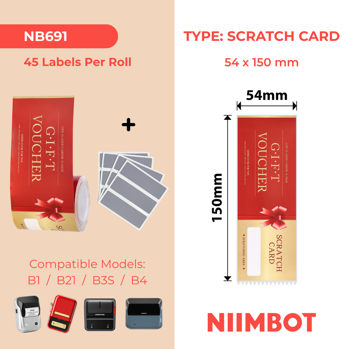 NB691 - NIIMBOT - B1 / B21 / B3S / B4 - TP54X150 - 45 ÉTIQUETTES - CARTES À GRATTER PORTE-BONHEUR
