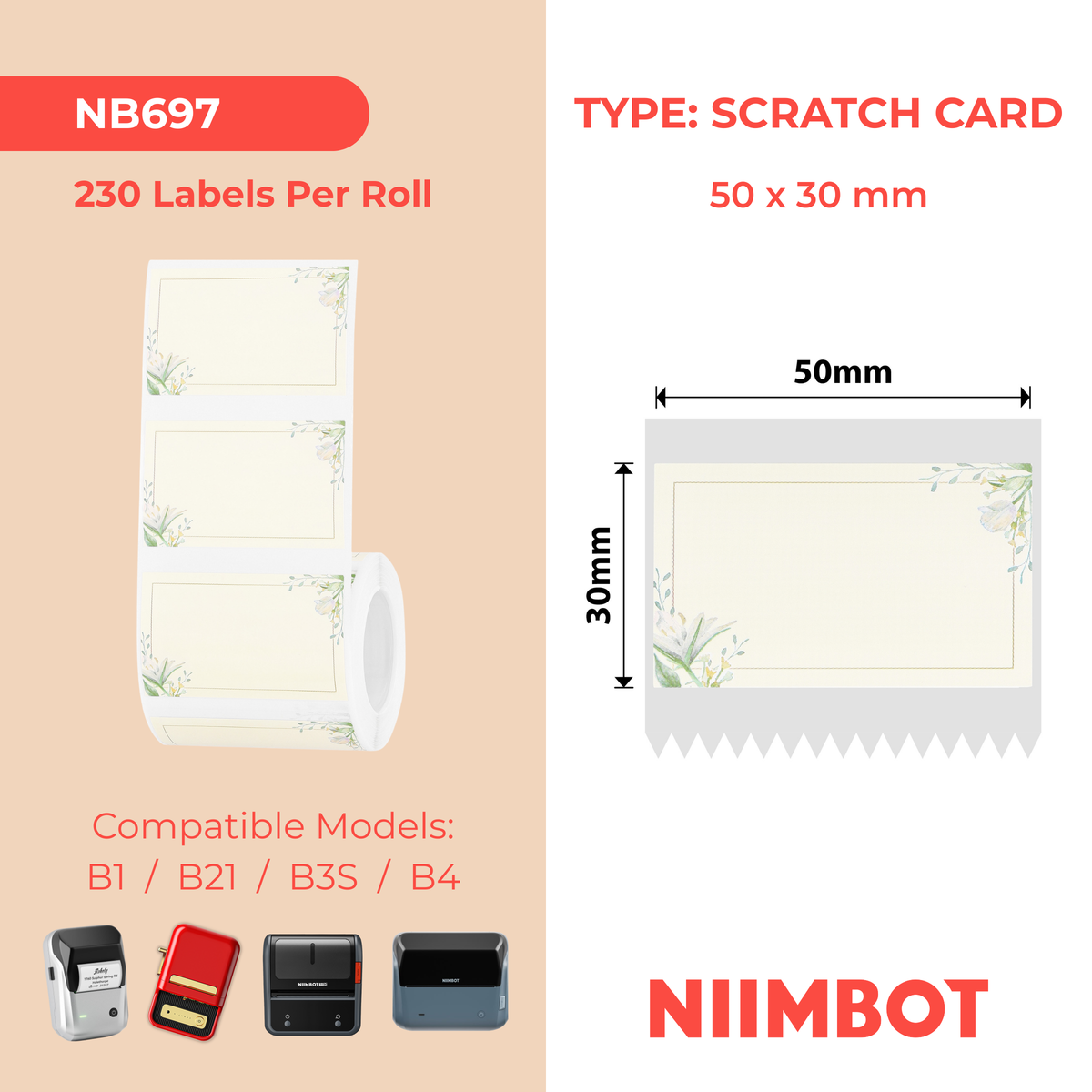 NB697 - NIIMBOT - B1 / B21 / B3S / B4 - T50X30 - 230 ÉTIQUETTES - PAPIER UNI À FLEURS