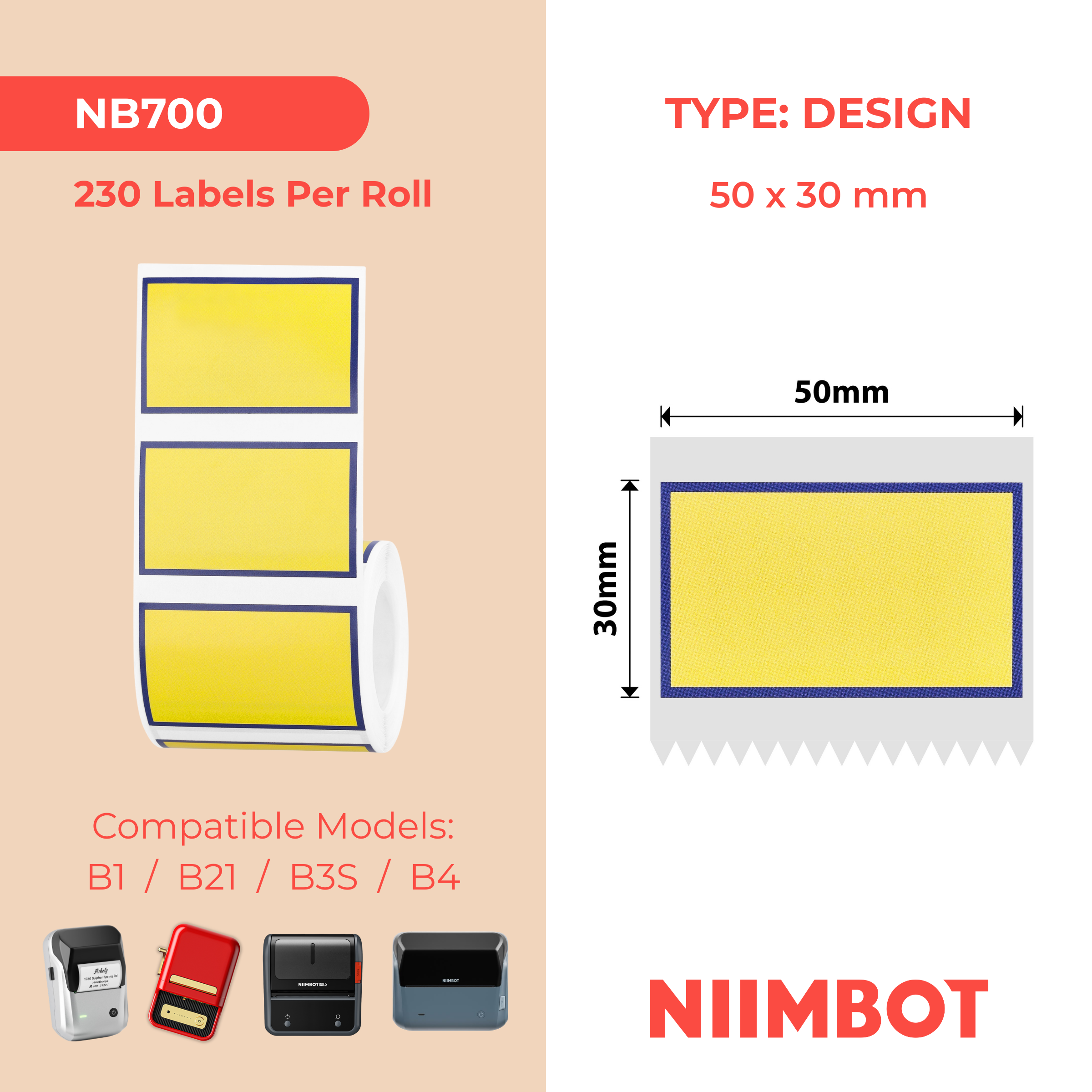 NB700 - NIIMBOT - B1 / B21 / B3S / B4 - 50X30MM - 230 BLUE BORDER LABELS