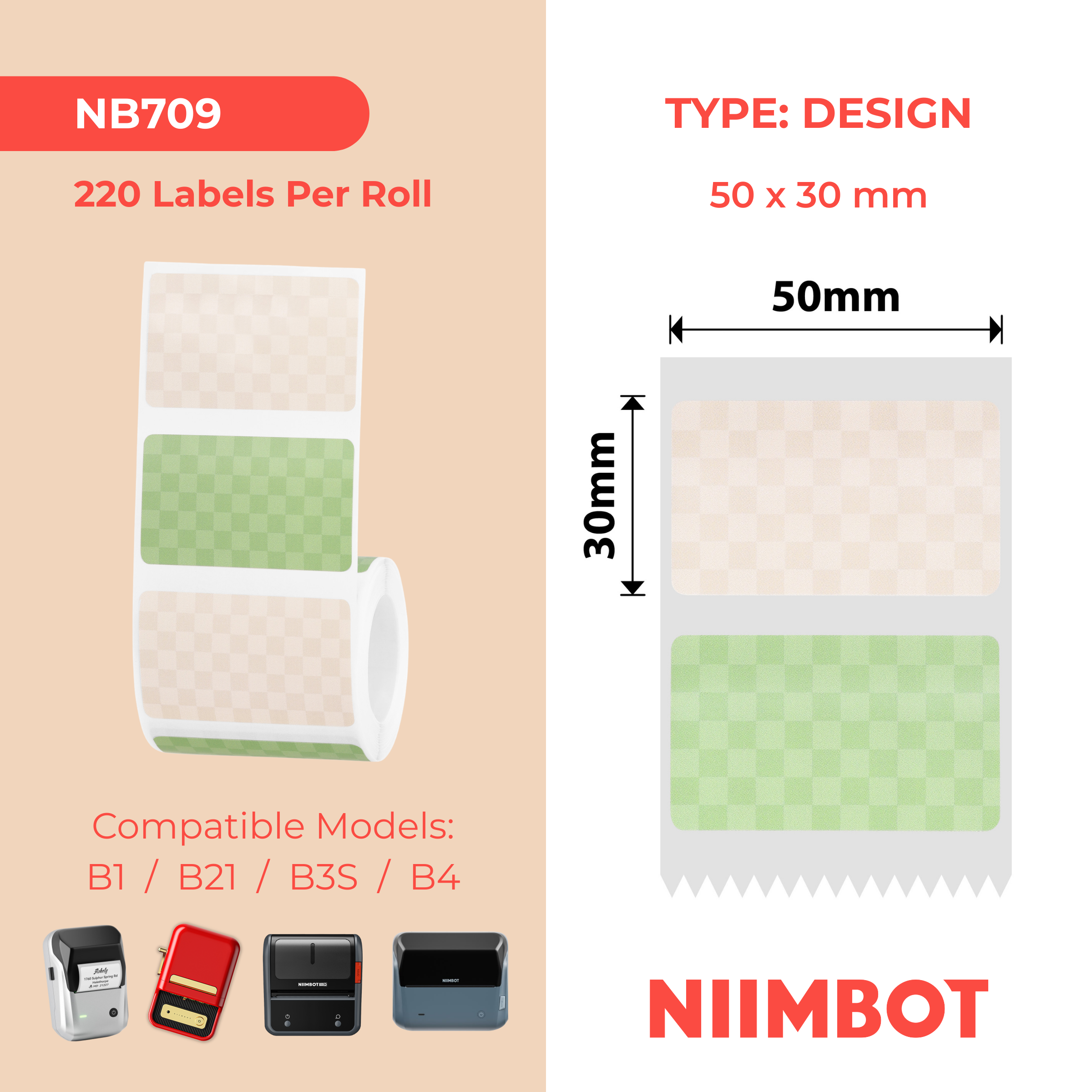 NB709 - NIIMBOT - B1 / B21 / B3S / B4 - 50X30MM - 220 CHECKERBOARD LABELS