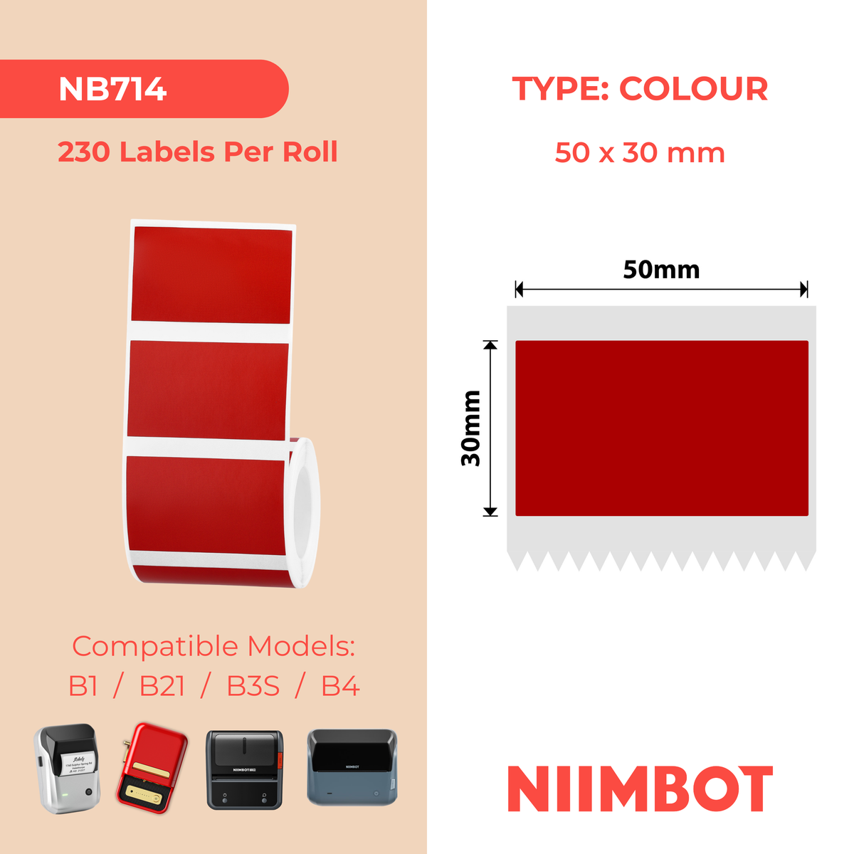 NIIMBOT - B Range - 50x30mm - Red - 230 Labels