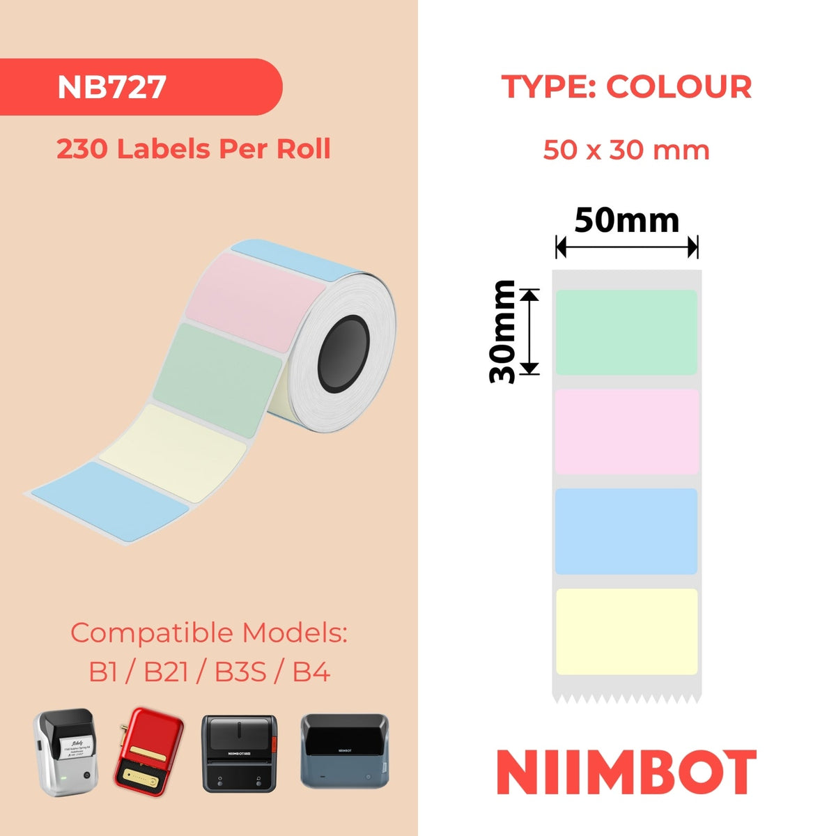 NB727 - NIIMBOT - T50*30MM - 230 ETICHETTE - COLORI IN ROTOLO