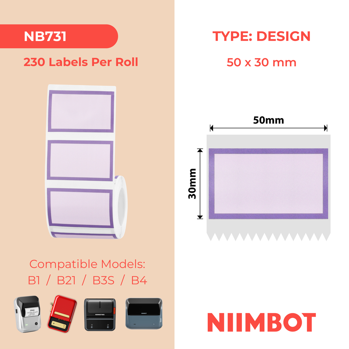 NIIMBOT - B Range - 50x30mm - Purple Border - 230 Labels