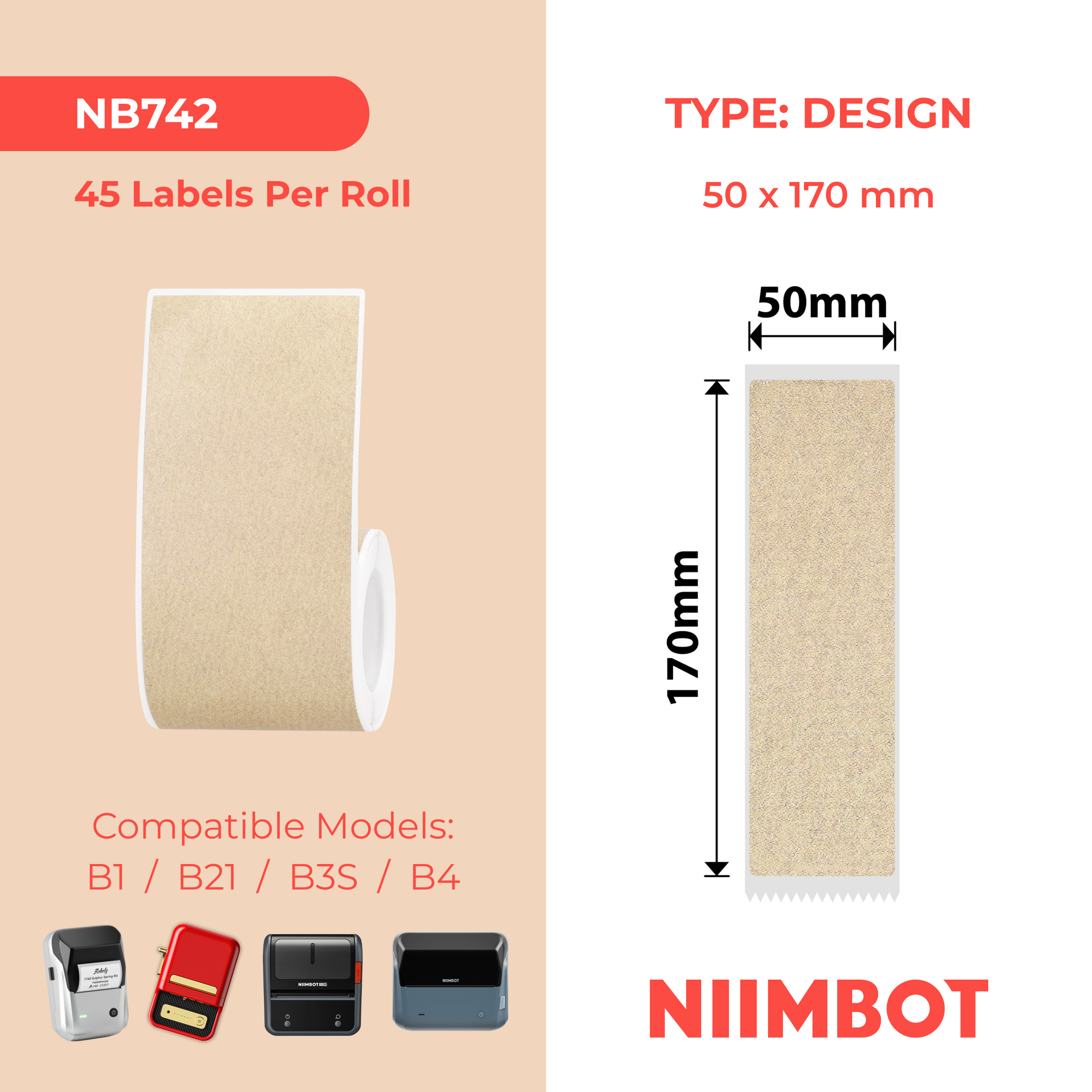 NIIMBOT - B Range - 50x170mm - Kraft File - 45 Labels