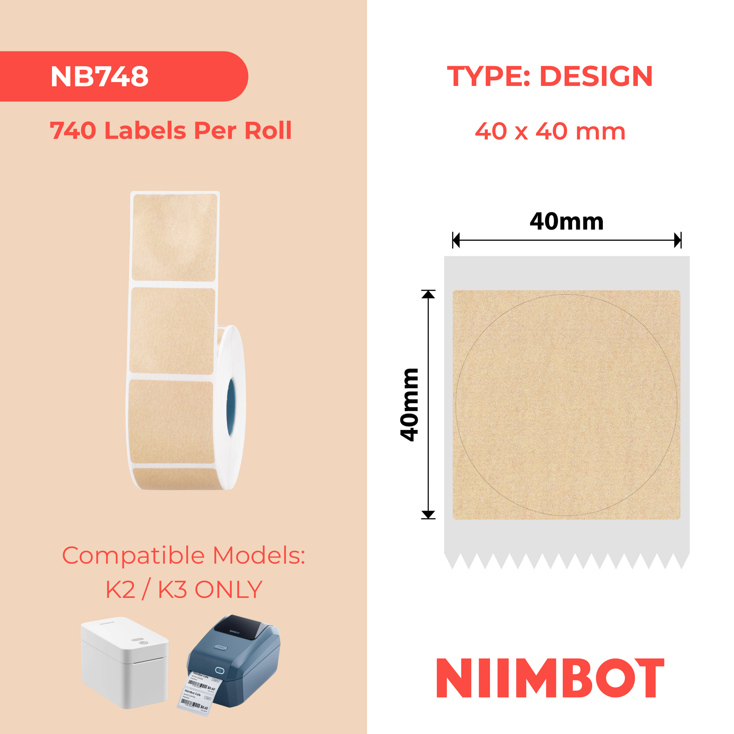 NIIMBOT - K Range - 40x40mm - Kraft Round - 740 Labels