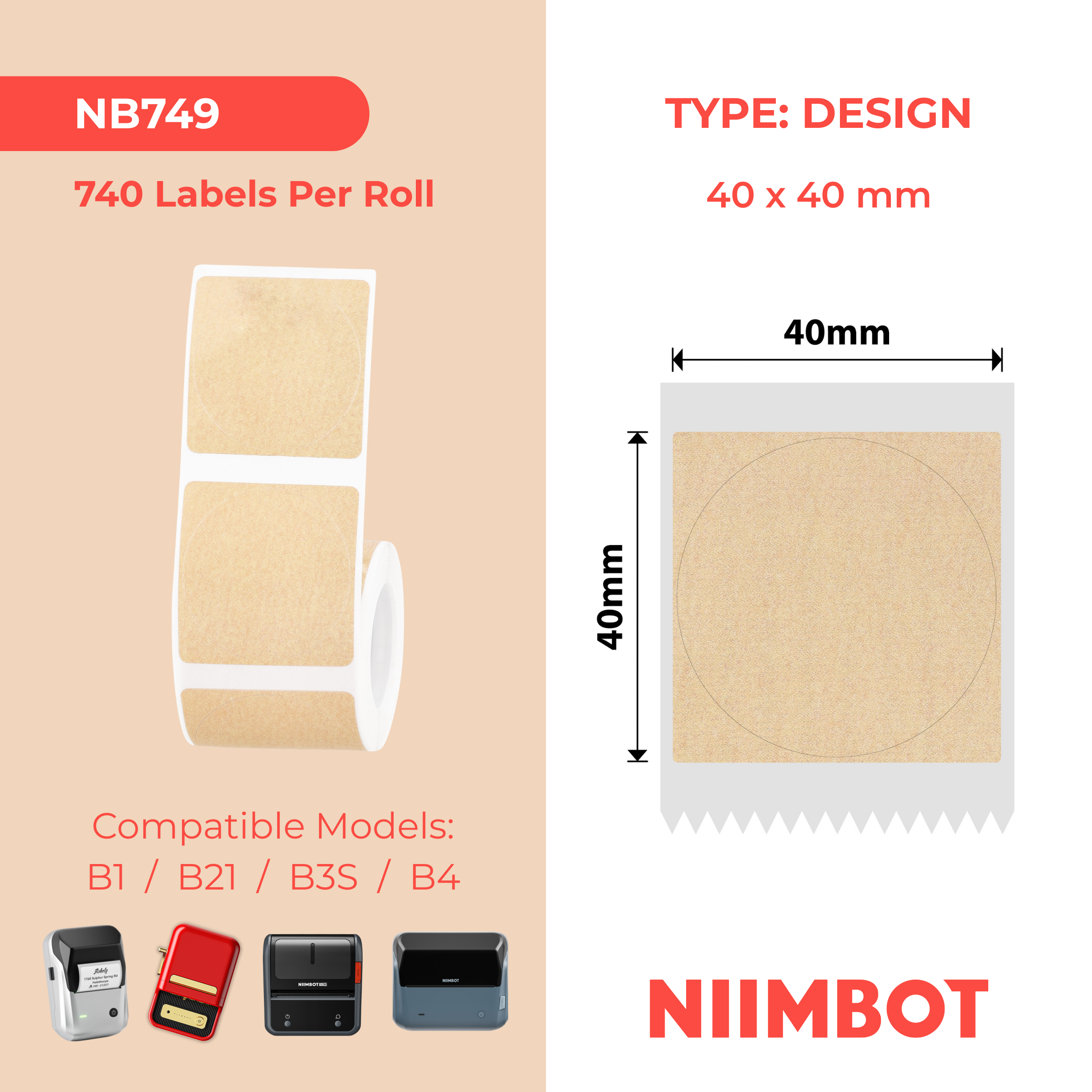 NB749 - NIIMBOT - B1 / B21 / B3S / B4 - 40X40MM - 180 KRAFT ROUND LABELS