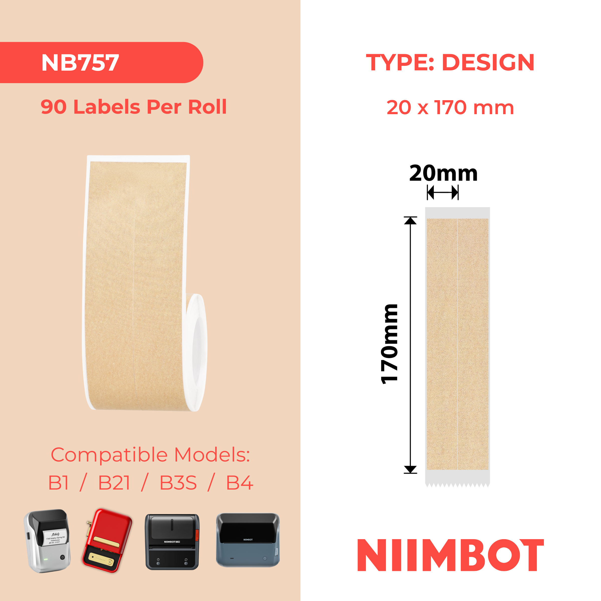 NB757 - NIIMBOT - B1 / B21 / B3S / B4 - 20X170MM / 2LINES - 90 KRAFT FILE LABELS