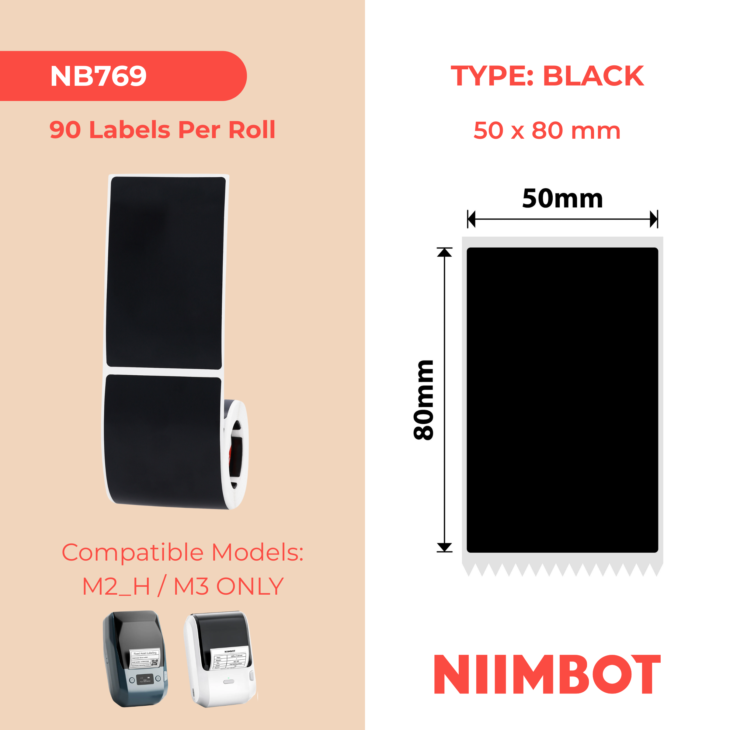 NB769 - Niimbot - M2 / M3 - 50x80mm - 90 Black Labels