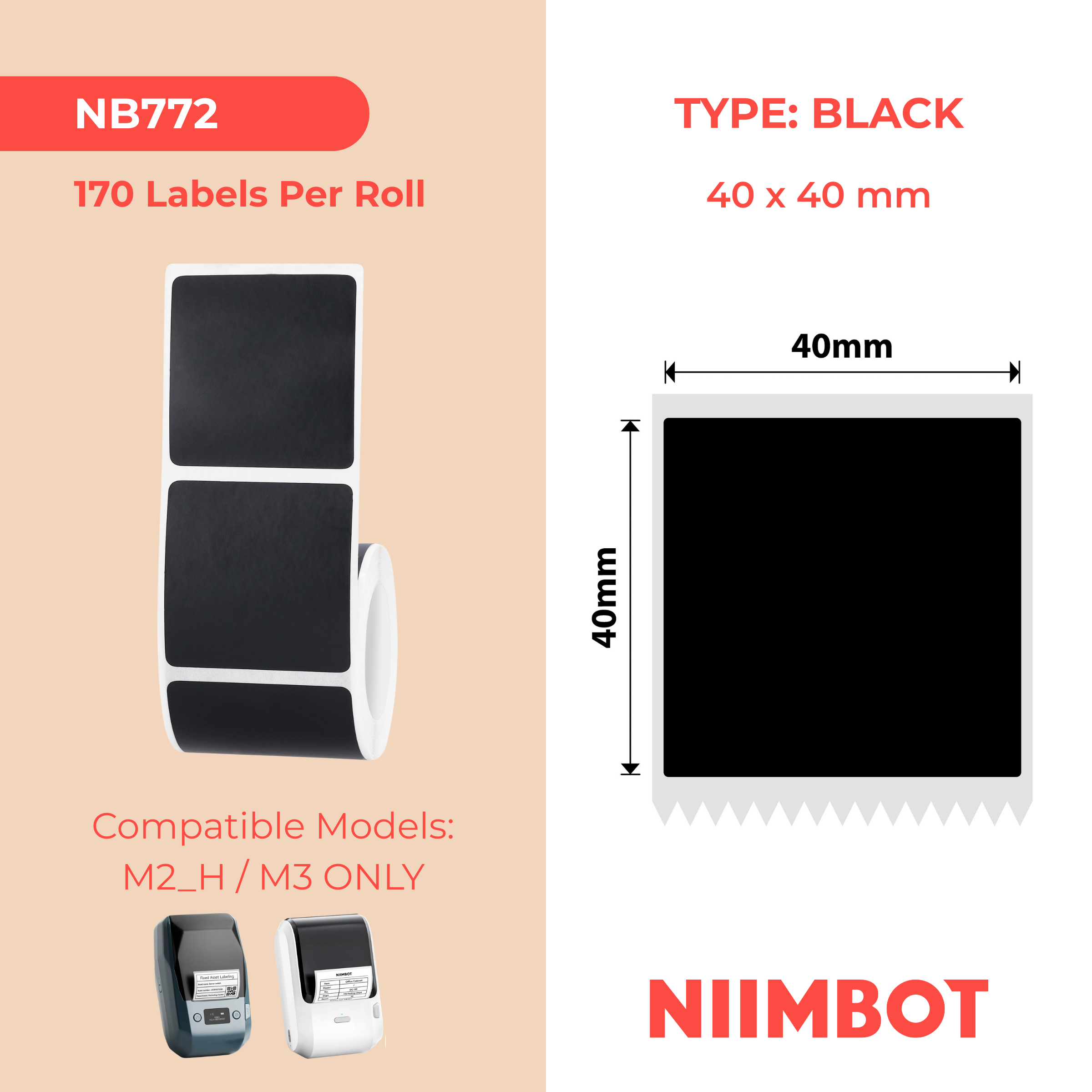 NB772 - NIIMBOT - M2 / M3 - 40X40MM - 170 MATTE BLACK LABELS