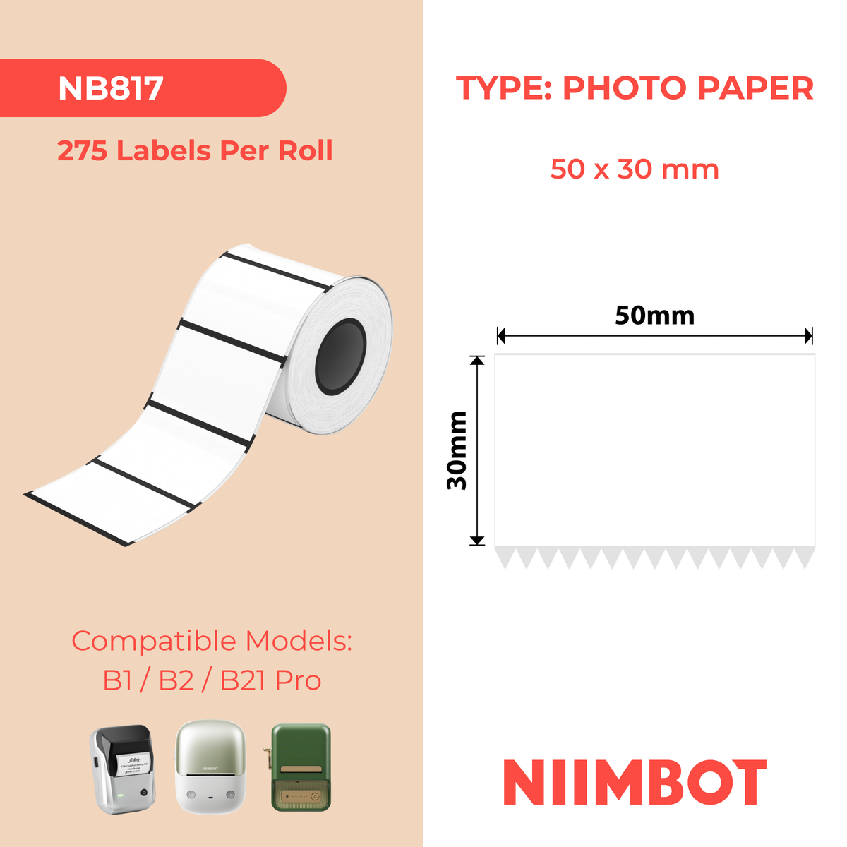 NIIMBOT - B Pro Range - 50x30mm - White - Greyscale - Photo Paper - 275 Labels