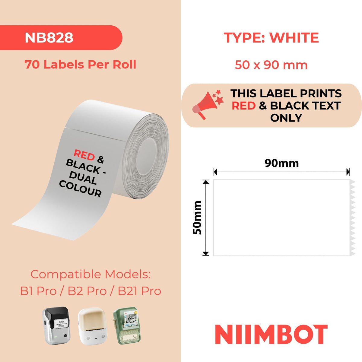 NIIMBOT - B Pro Range - 50x90mm - Dual Colour - Red & Black Text - 70 Labels