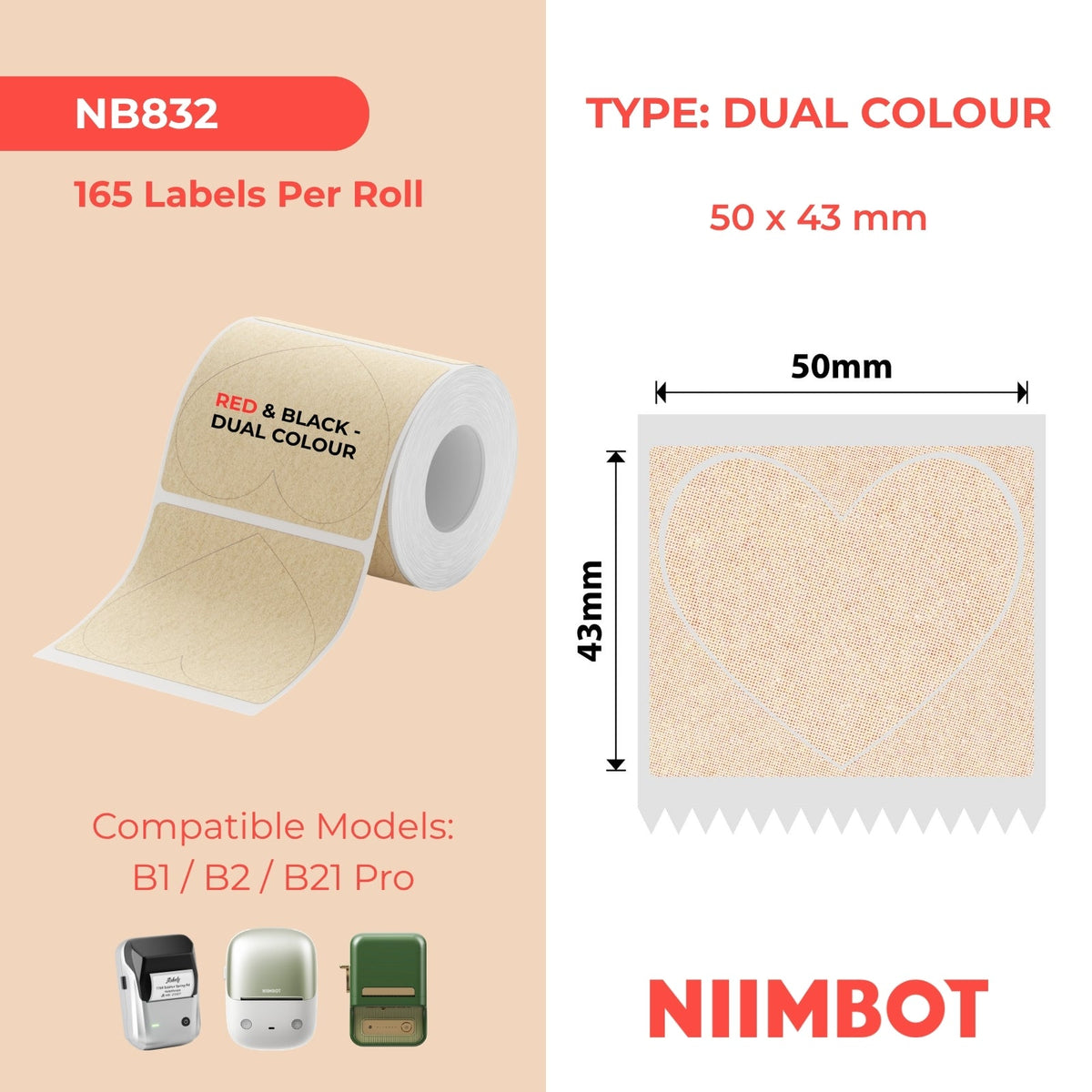 NIIMBOT - B Pro Range - 50x43mm - Kraft Heart Shape - Dual Colour - Red & Black Text - 165 Labels