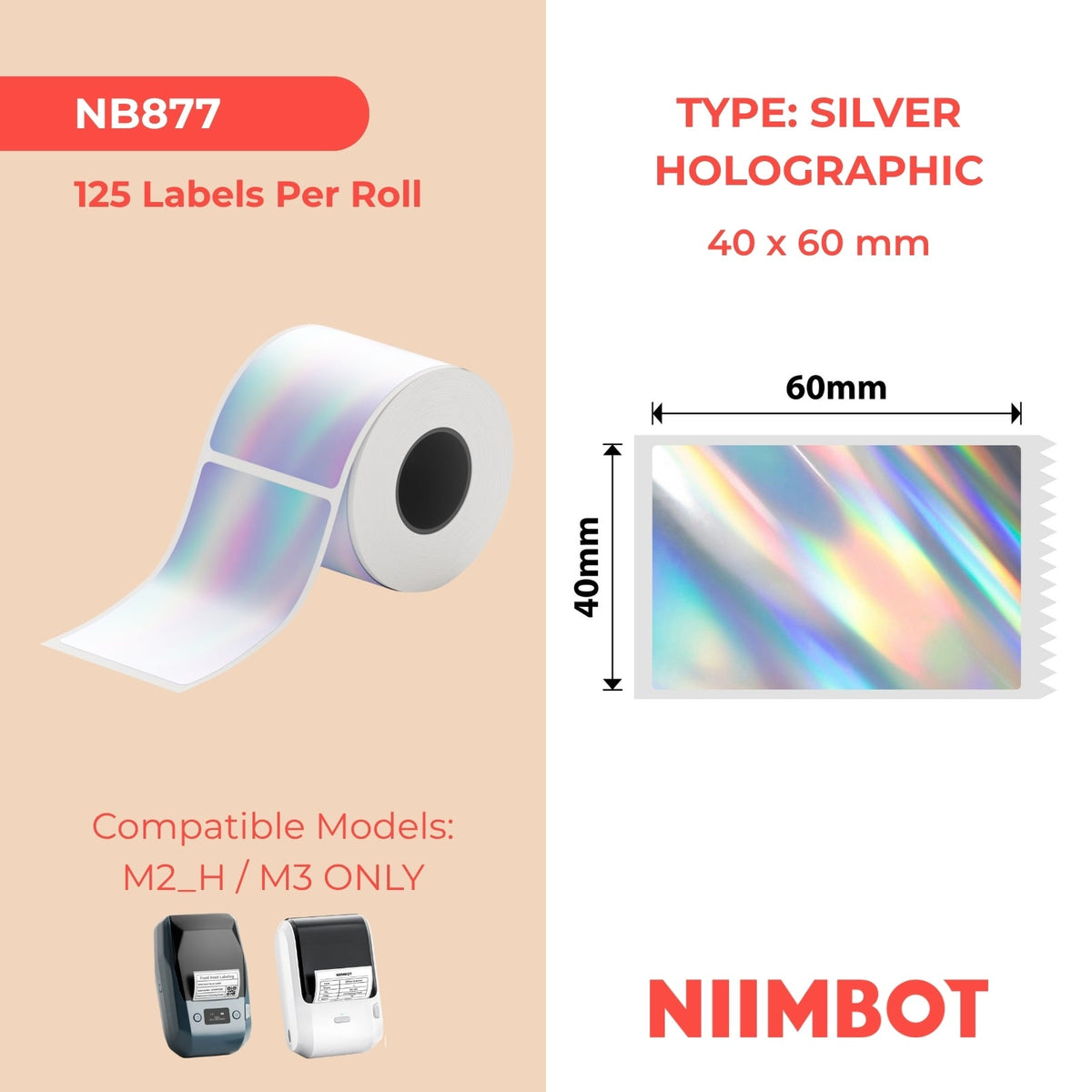 NIIMBOT - M Range - 40x60mm - Silver Holographic Laser - 125 Labels