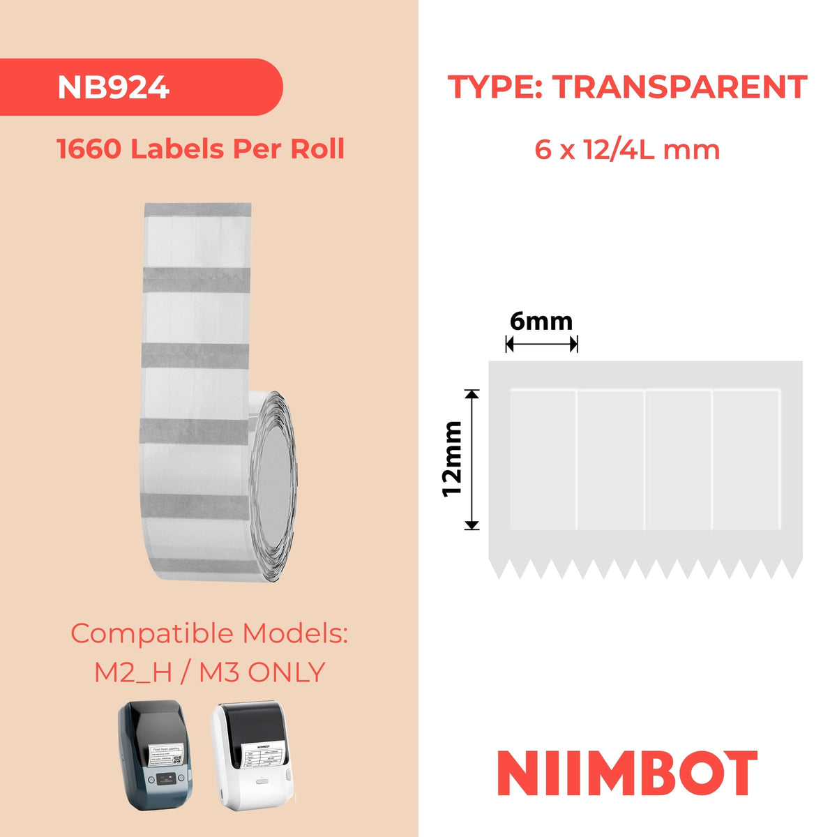 NIIMBOT - M Range - 6x12mm/4L - Transparent - 1,660 Labels - CN