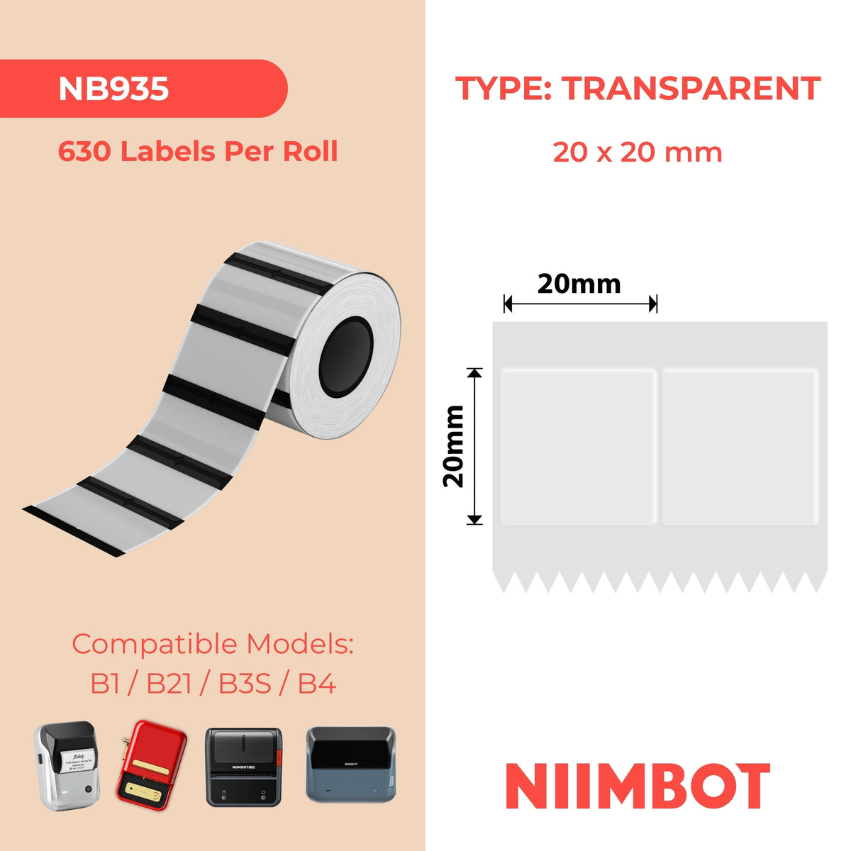 NIIMBOT - B Range - 20x20mm/2L - Transparent - 630 Labels