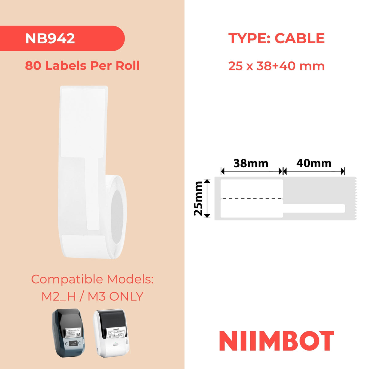 NIIMBOT - M Range - 25x38+40mm - White Cable - 80 Labels