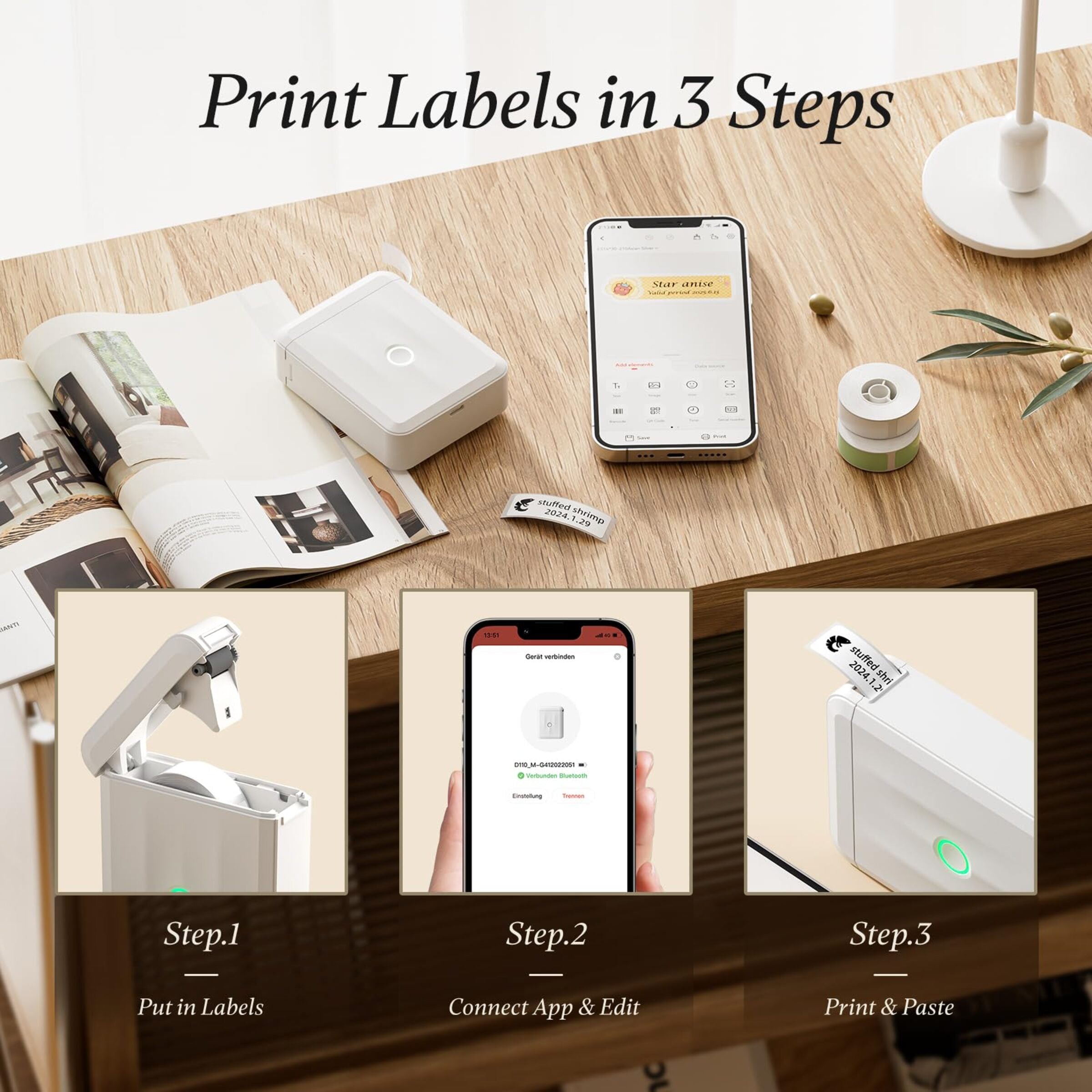 NB524 - NIIMBOT - D110_M - PORTABLE BLUETOOTH LABEL PRINTER INCL FREE LABEL ROLL (12X40MM)