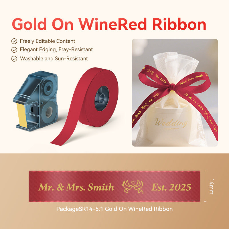NB718 - NIIMBOT - N1 - SATIN RIBBON SET PACKAGE - SR14MM-5.1M - GOLD ON WINE RED