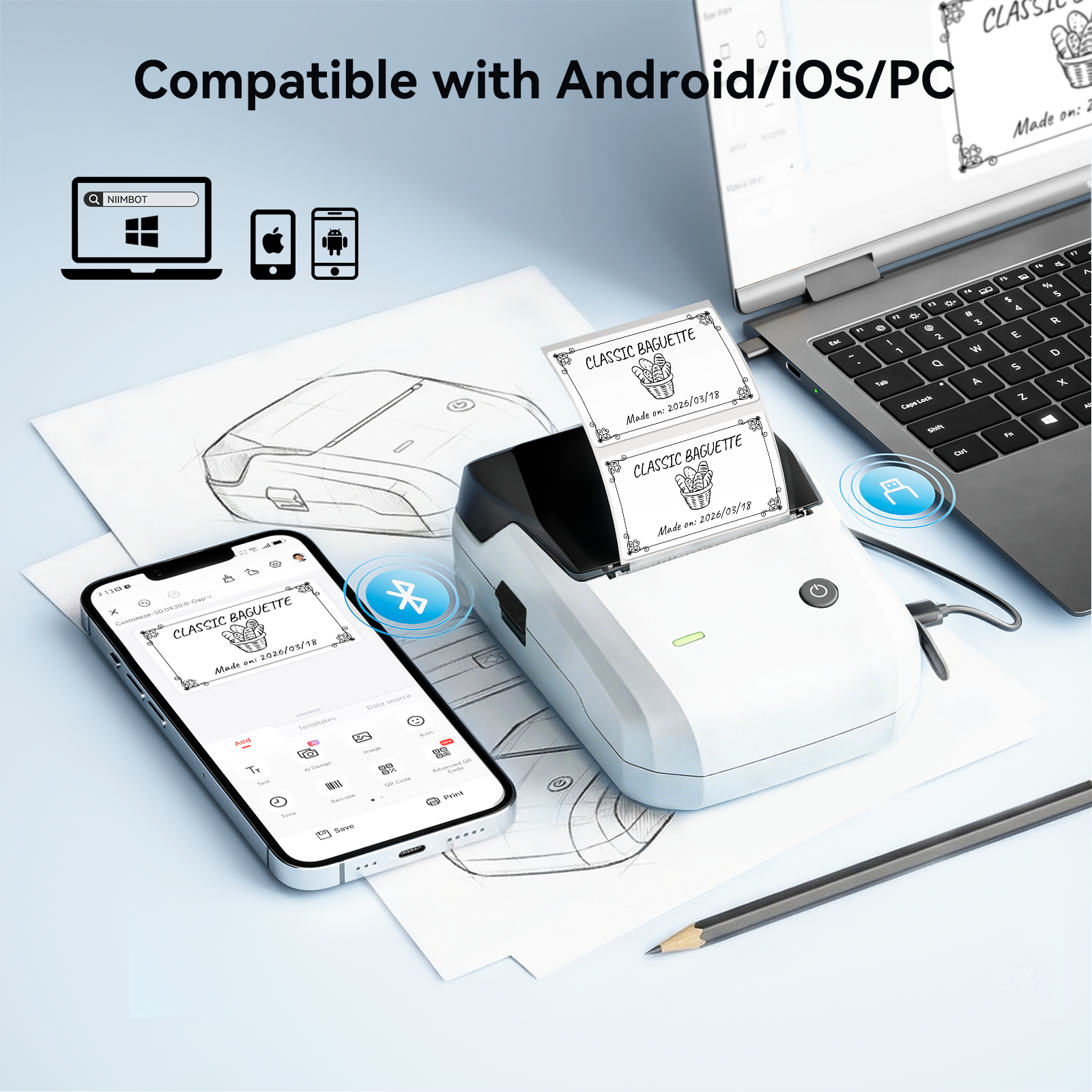 NB493 - NIIMBOT - B1 - STAMPANTE PORTATILE PER ETICHETTE TERMICHE BLUETOOTH CON ETICHETTA GRATUITA (50*30MM - BIANCO)