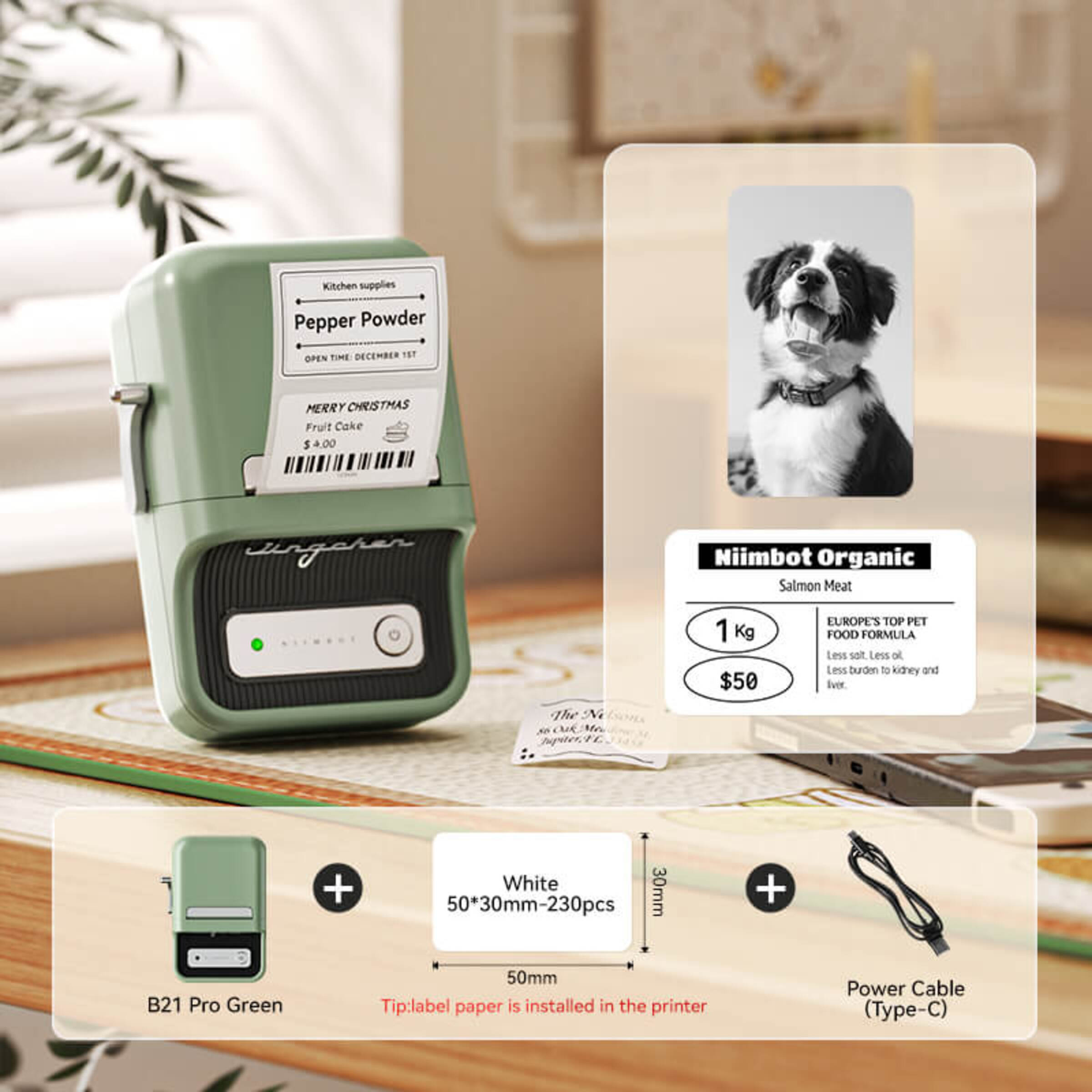 NIIMBOT - B21_PRO - 300DPI - PORTABLE THERMAL LABEL BLUETOOTH PRINTER WITH FREE LABEL ROLL - 50*30MM - WHITE