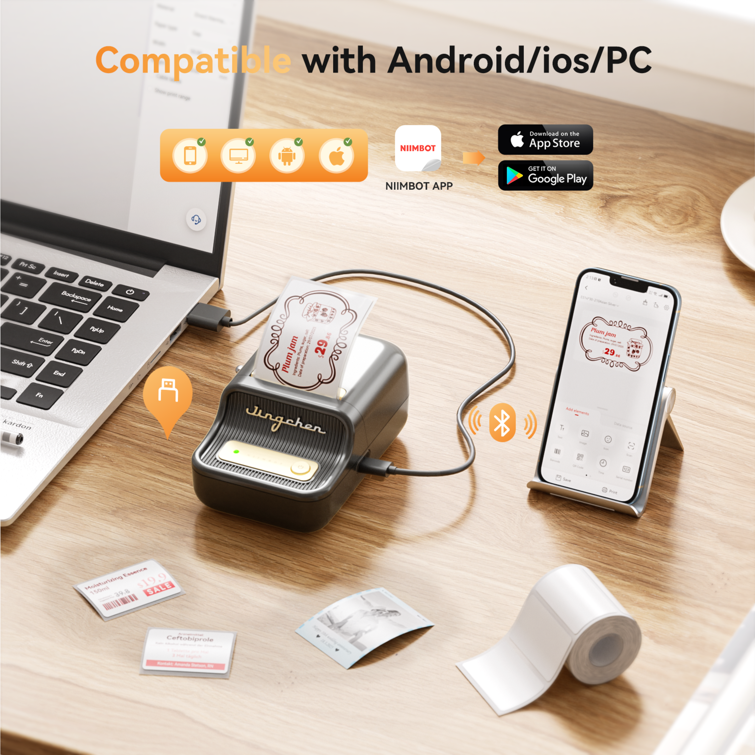 NB607 - NIIMBOT - B21_PRO - 300DPI - PORTABLE THERMAL LABEL BLUETOOTH PRINTER INCL FREE LABEL ROLL (50X30MM)