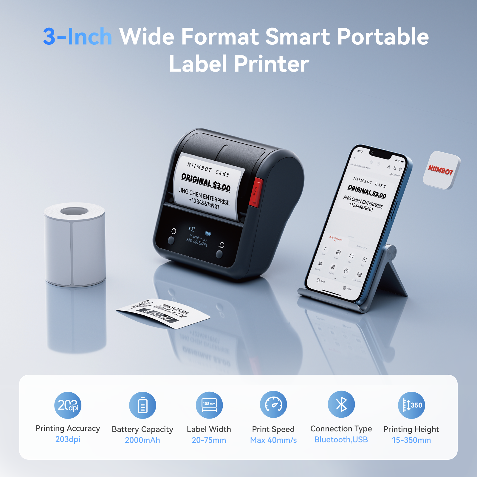 NB119 - NIIMBOT - B3S_PRO - STAMPANTE PORTATILE PER ETICHETTE TERMICHE BLUETOOTH CON ETICHETTA GRATUITA (70*40MM - BIANCO) 