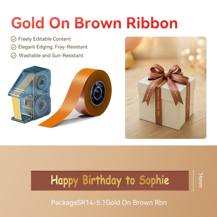 NB861 - Niimbot - N1 - Satin Ribbon Set Package - 14mmx5.1m - Gold On Brown Ribbon