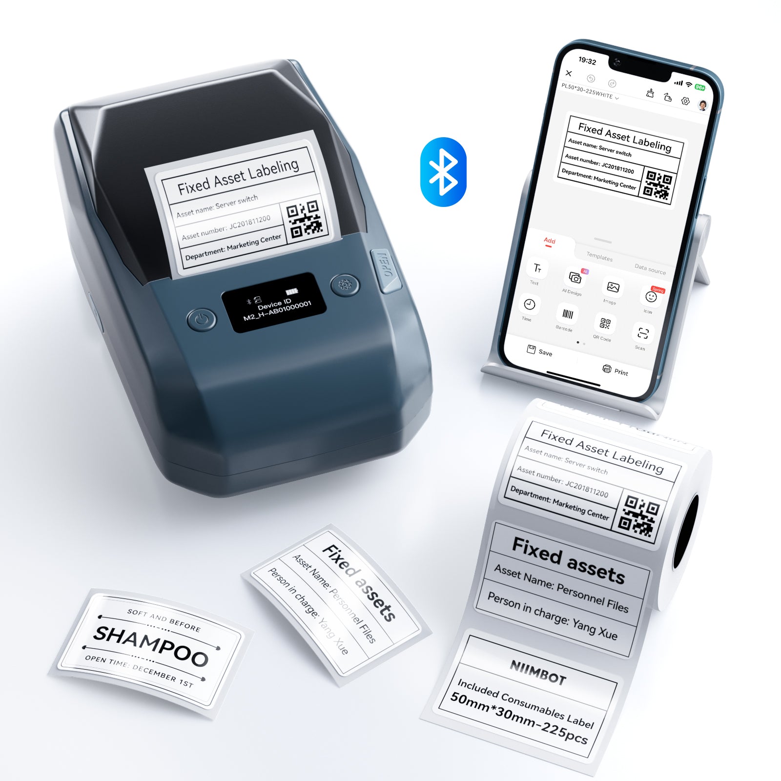 NB589 - NIIMBOT - MODELLO: M2_H - STAMPANTE PER ETICHETTE BLUETOOTH A TRASFERIMENTO TERMICO - 300 DPI - INCLUSA CARTUCCIA DI NASTRO NERO E ROTOLO DI ETICHETTE DA 50*30 MM