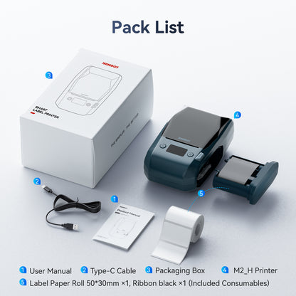 NB589 - NIIMBOT - M2_H - 300DPI THERMAL TRANSFER BLUETOOTH LABEL PRINTER - INCL BLACK RIBBON CARTRIDGE & WHITE 50X30MM LABEL