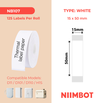 NB107 - NIIMBOT - D11 / D101 / D110 / H1S - 15X50MM - 125 WHITE LABELS