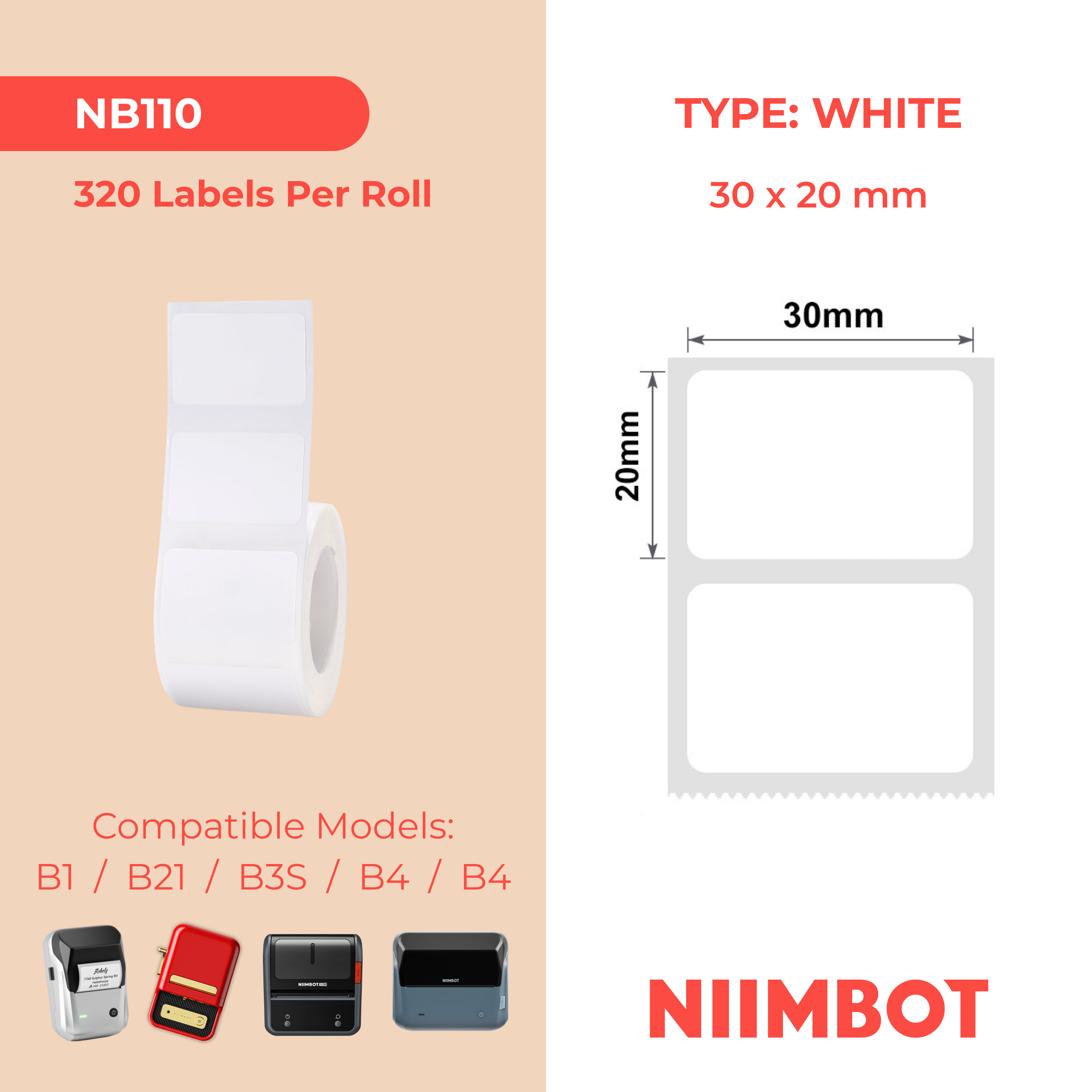 NB110 - NIIMBOT - B1 / B21 / B3S / B4 - T30X20MM - 320 ETICHETTE PER ROTOLO - BIANCO