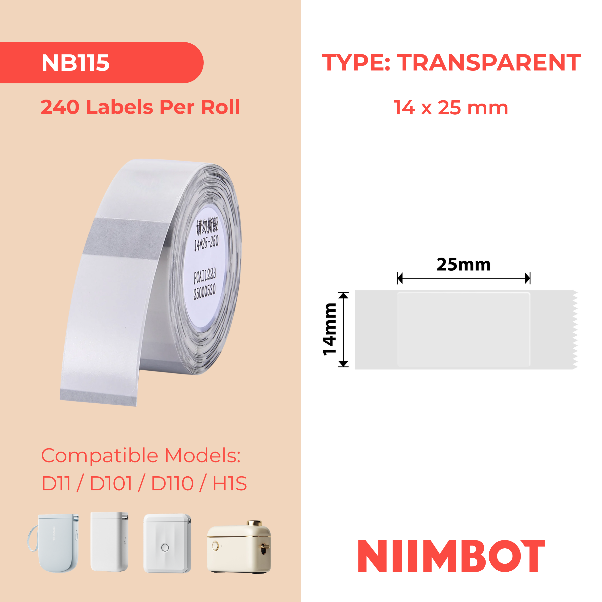 NB115 - NIIMBOT - D11 / D101 / D110 / H1S - 14X25MM - 240 ETICHETTE PER ROTOLO - TRASPARENTE