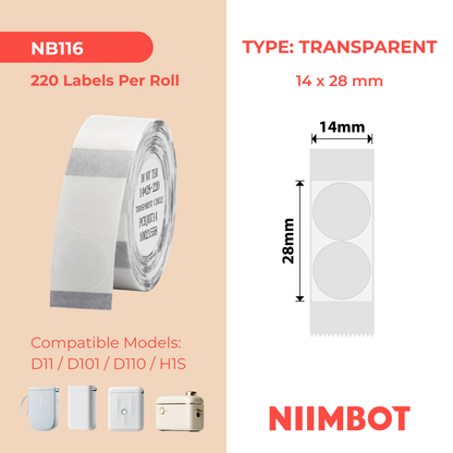 NB116 - NIIMBOT - D11 / D101 / D110 / H1S - 14 x 28 mm - 220 étiquettes par rouleau - rondes - transparentes