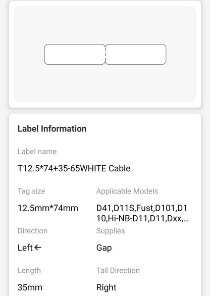 NB118 - NIIMBOT - D11 / D101 / D110 / H1S - RXL 12.5X109MM  - 65 LABELS PER ROLL - CABLE - WHITE
