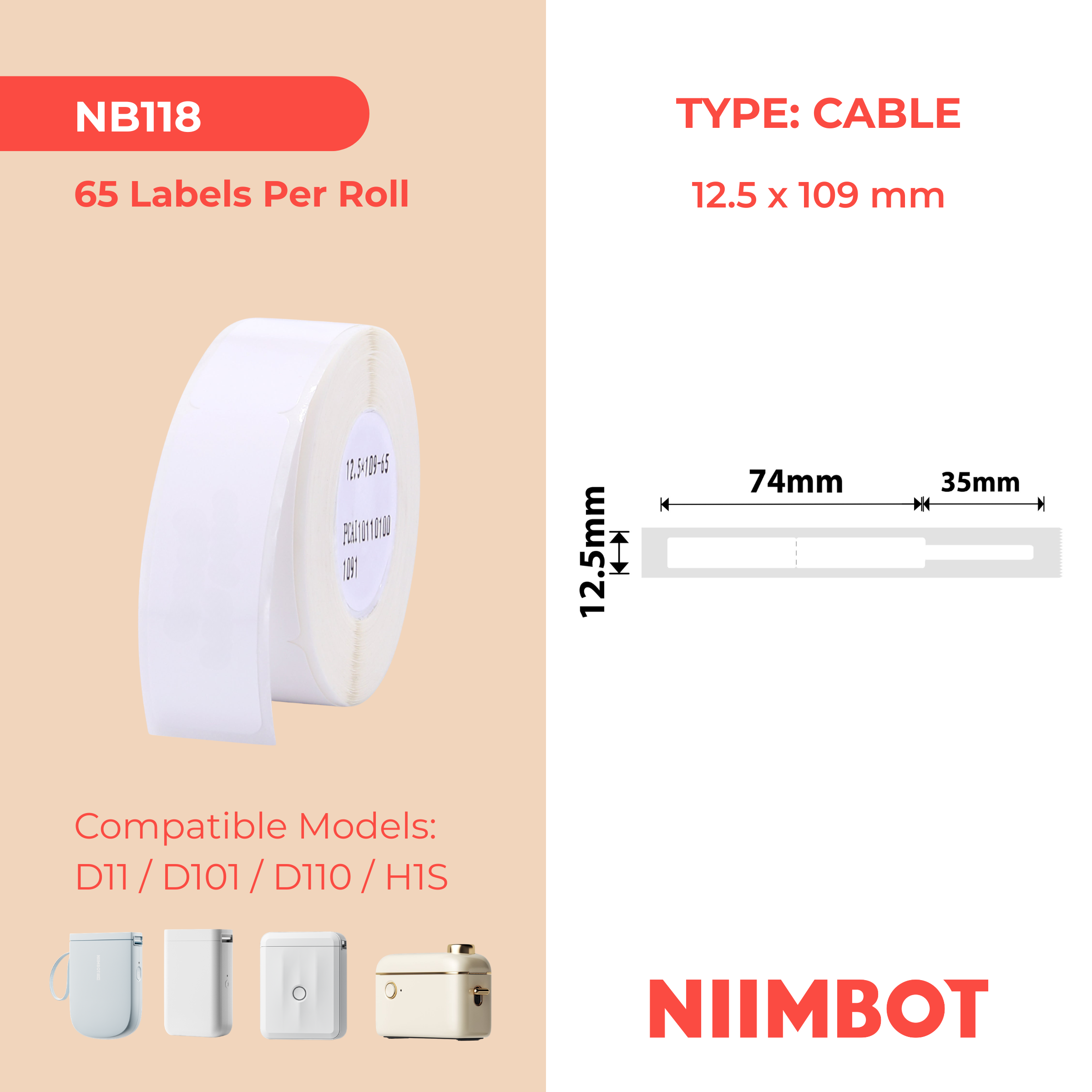 NB118 - NIIMBOT - D11 / D101 / D110 / H1S - 12.5X109MM  - 65 WHITE CABLE LABELS