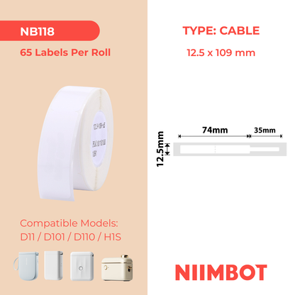 NB118 - NIIMBOT - D11 / D101 / D110 / H1S - 12.5X109MM  - 65 WHITE CABLE LABELS