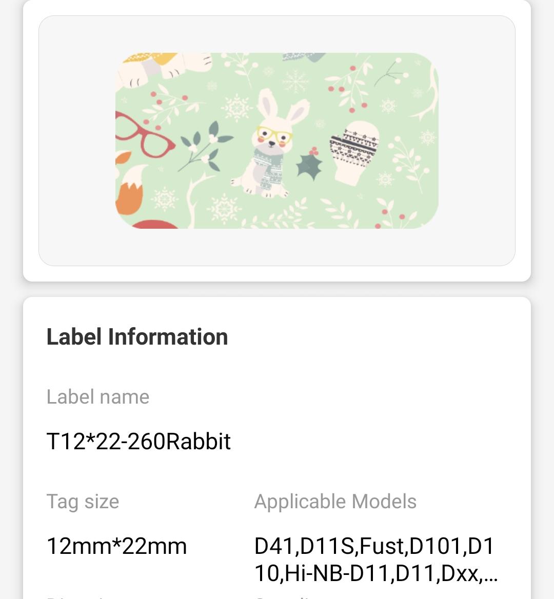 NB123 - NIIMBOT - D11 / D101 / D110 / H1S - 12X22MM - 260 THERMAL LABELS - RABBIT GREEN DESIGN