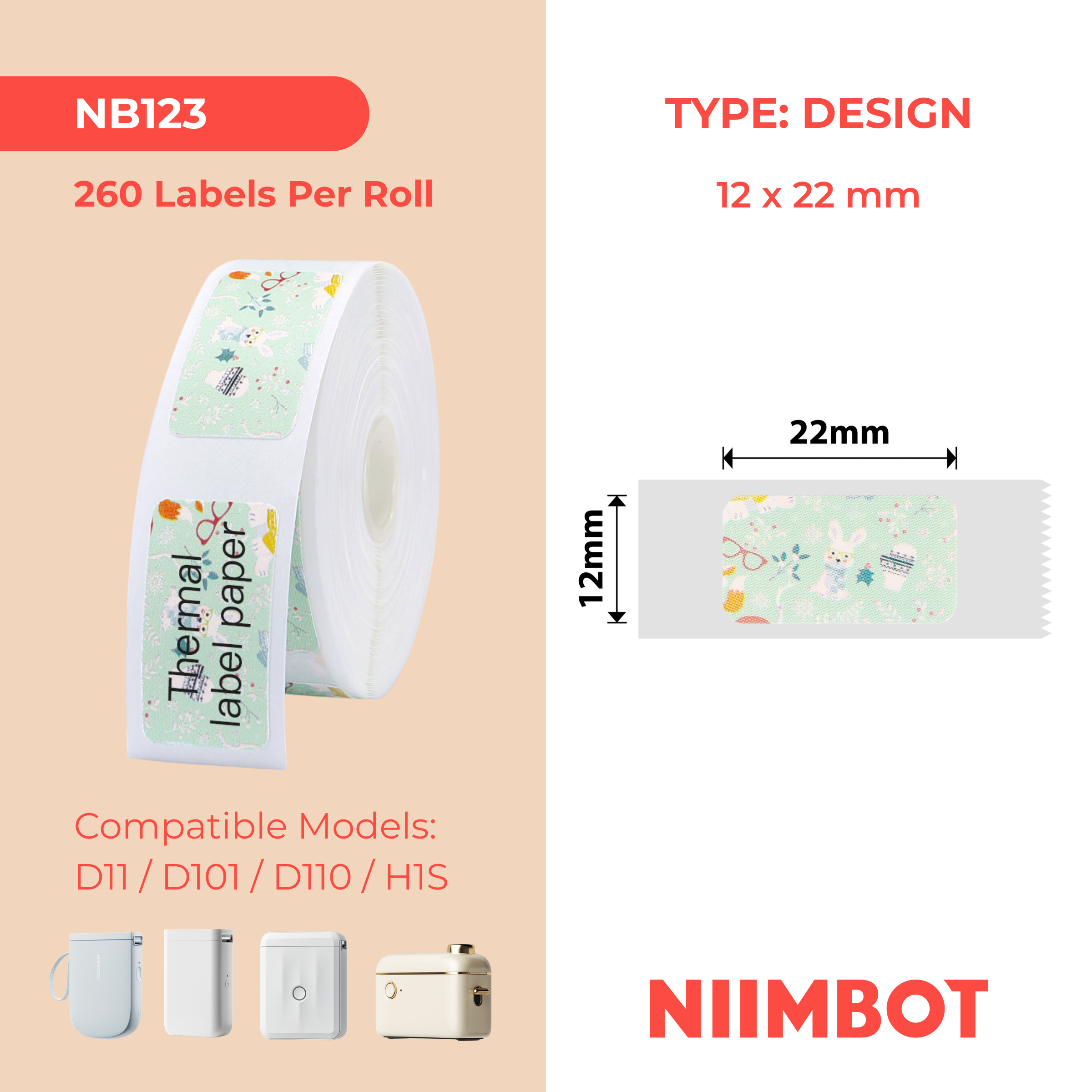 NB123 - NIIMBOT - D11 / D101 / D110 / H1S - 12X22MM - 260 RABBIT GREEN LABELS