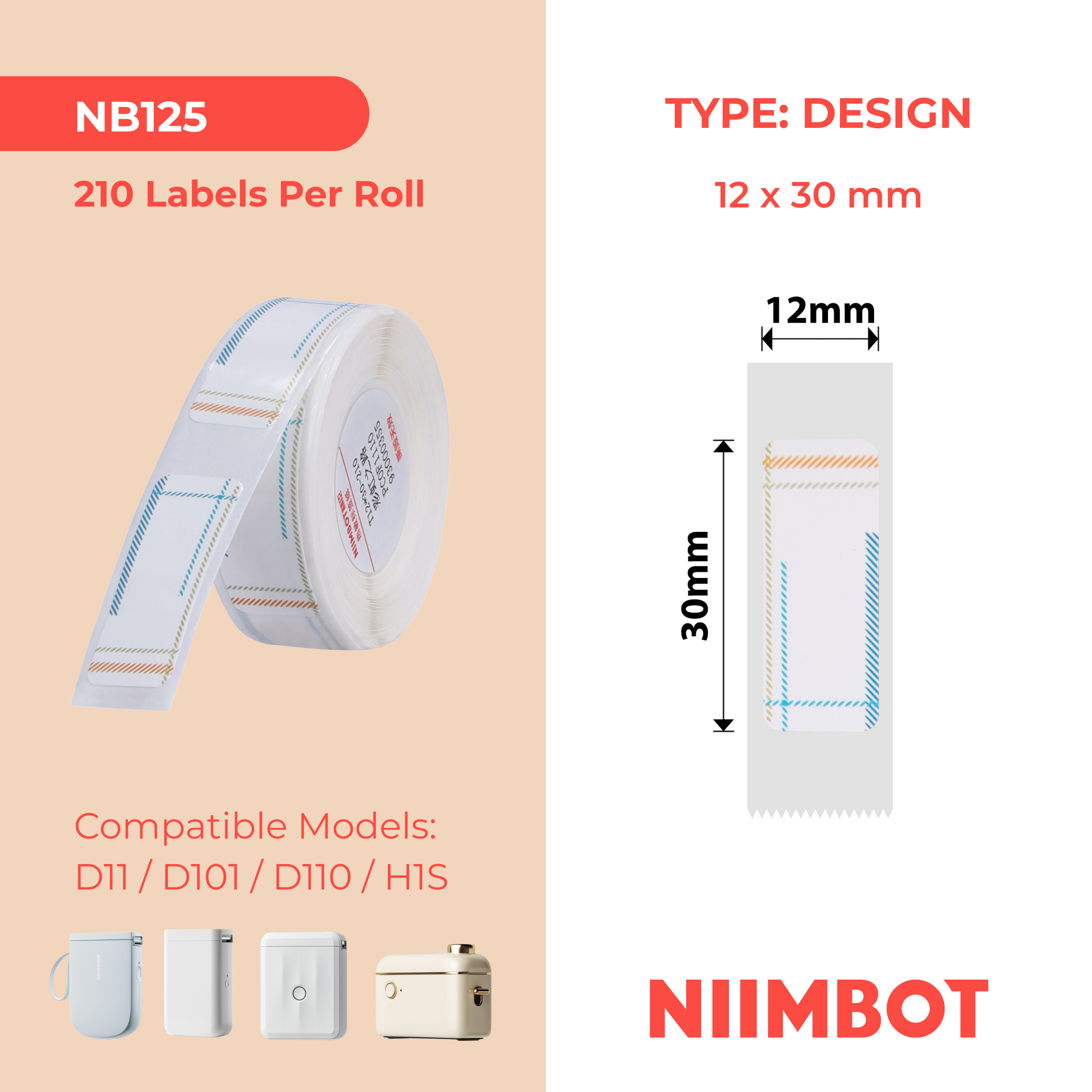 NB125 - NIIMBOT - D11 / D101 / D110 / H1S - 12X30MM - 210 RAINBOWS LABELS