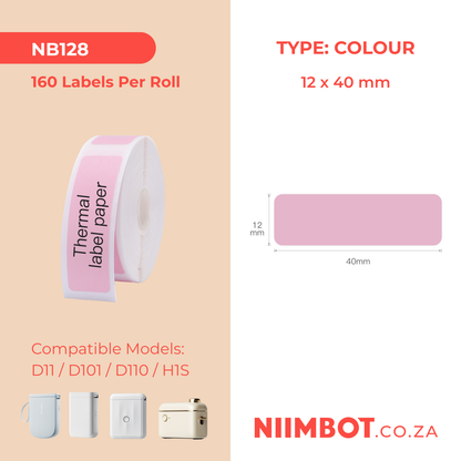 NB128 - NIIMBOT - D11 / D101 / D110 / H1S - 12X40MM - 160 THERMAL LABELS - SOLID PINK