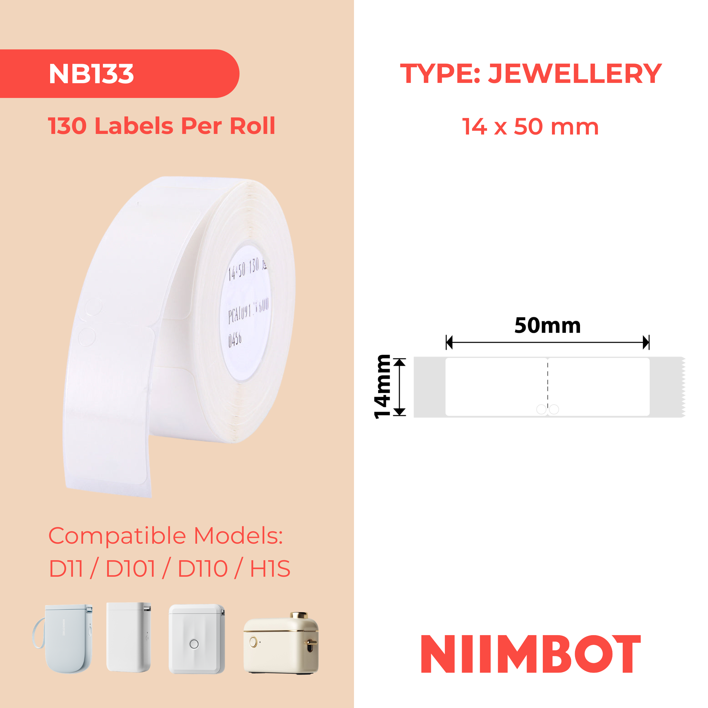 NB133 - NIIMBOT - D11 / D101 / D110 / H1S - PIEGATO 14X50MM - 130 ETICHETTE PER ROTOLO - ETICHETTA PER GIOIELLI BIANCA