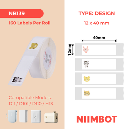 NB139 - NIIMBOT - D11 / D101 / D110 / H1S - RP12X40MM - 160 ÉTIQUETTES PAR ROULEAU - MOTIFS ZOO